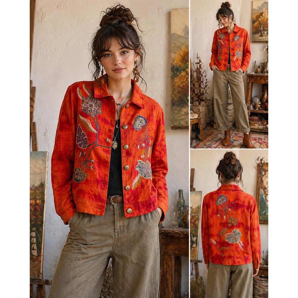 Drapers & Damons Artwear Embroidered Floral Jacket Boho Women Petite Large